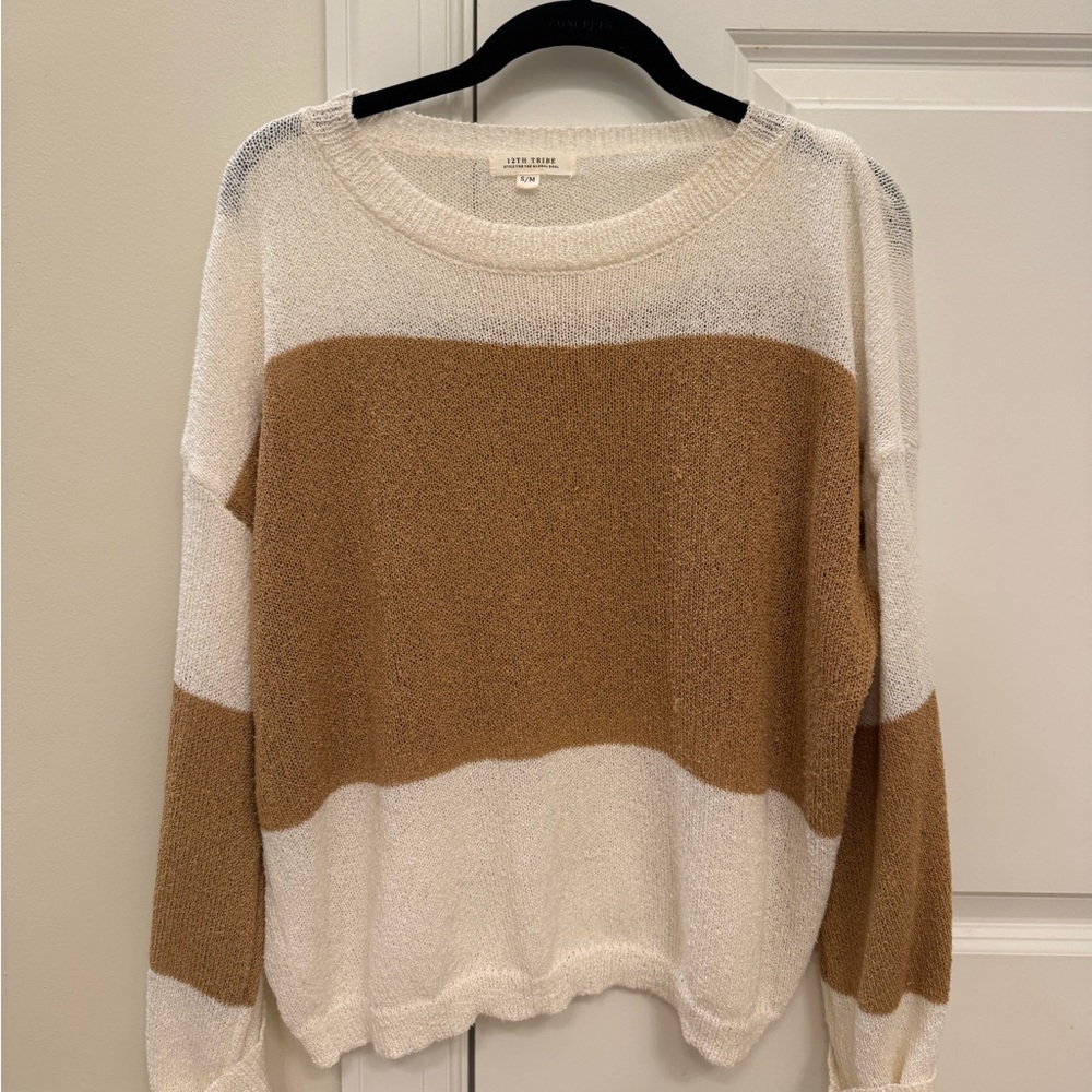 12th Tribe Cream and Tan Crew Neck Sweater